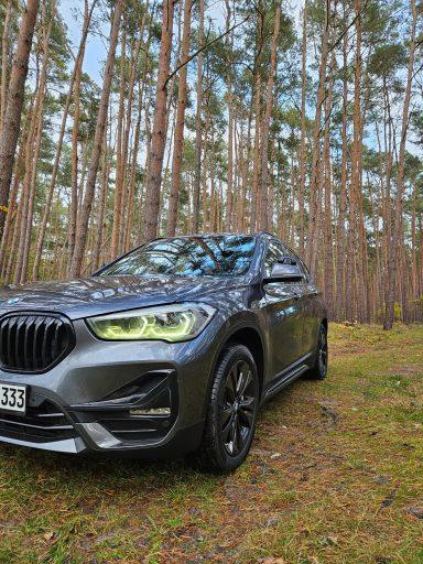 Grauer BMW X1 der Fahrschule im Kiefernwald